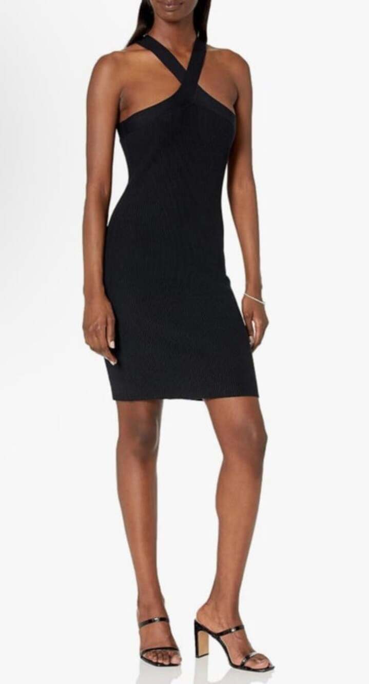 The Drop Brunia Halter Mini Sweater Dress Black Sz S Ribbed Bodycon Classic